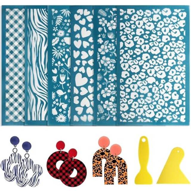 6 Pcs Silk Screen Stencils for Polymer Clay Cutter, 15 x 9CM Polymer Clay Tools with 2 Scrapers for DIY Jewelry Making