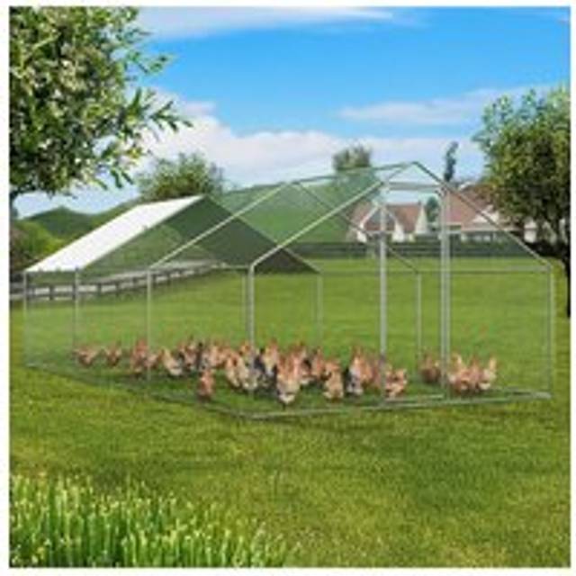 Metal Walk-in Chicken Coop Run with PE Tarpaulin - Silver - One Size