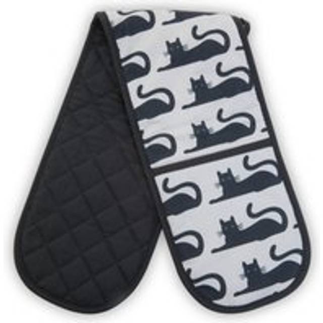 Black Cat Double Oven Glove, Quilted Heat-Resistant Fabric With Playful Cat Print - White - One Size