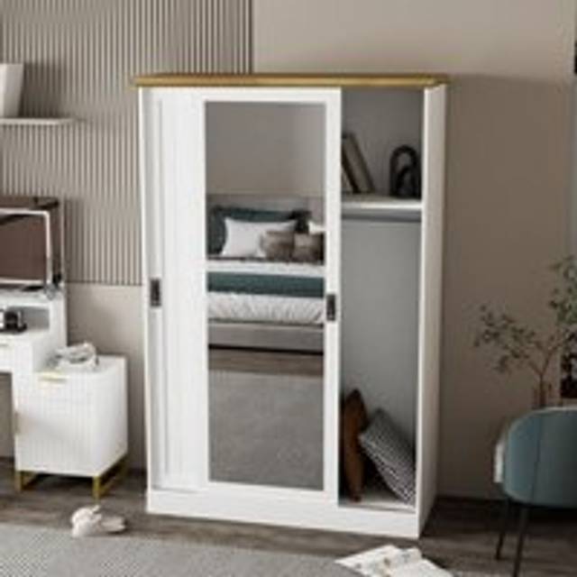 Wardrobe with Sliding Door and Full Length Mirror White and Wood Top Finish for Bedroom