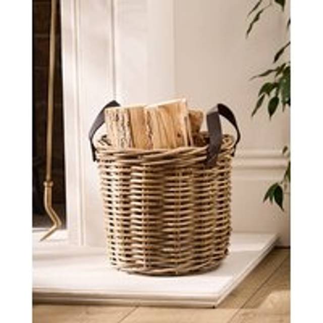 Traditional Style Fireplace Log Storage Basket with PU Leather Handles - Large - Natural - One Size