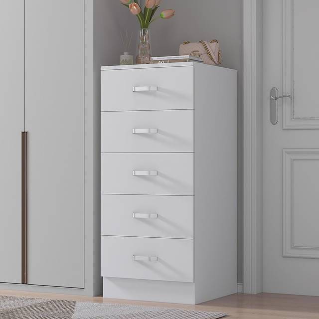 FWStyle White 5 Drawer Chest Of Drawers Metal Handles Tall Slim - One Size