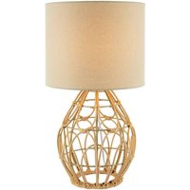 Traditional Vintage Wrapped Rattan Table Lamp with Cream Linen Fabric Shade - Brown - One Size