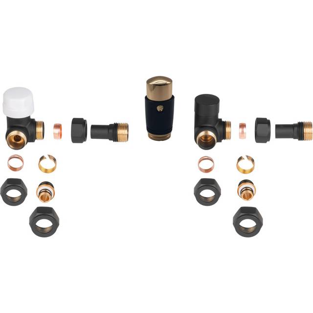 Invena - Black/Gold Axial Thermostatic Angled Set Heater PEX/Copper Radiator Connection