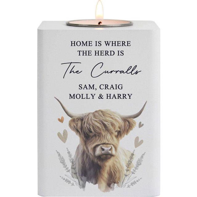 Personalised Memento Wooden Personalised Highland Cow Tealight Holder - White - 0.8 x 1 x 0.8cm