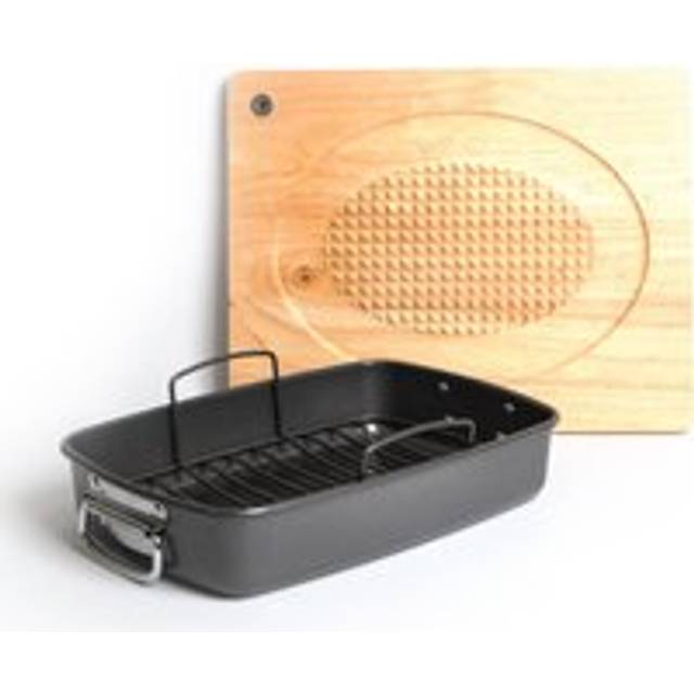 2pc Roasting Set with Large Non-Stick Roasting Tin & Rack and Wooden Studded Carving Board - Multi