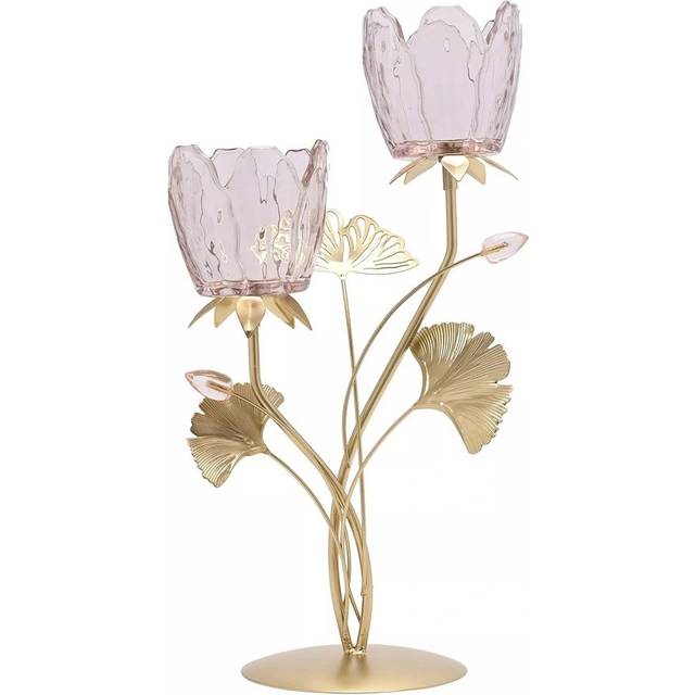 Hestia 2 Stem Candle Holder With Blush Pink Glass On Gold Base