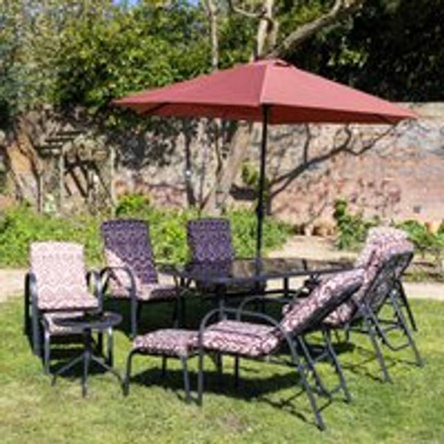 6 Seater Reclining Chair Dining Set Tempered Glass Table Parasol Wine - One Size