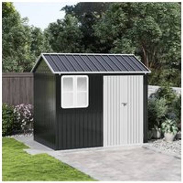 Living And Home 8.3 X 5.4Ft Metal Apex Roof Garden Tool Shed Outdoor Storage House In Charcoal - One Size