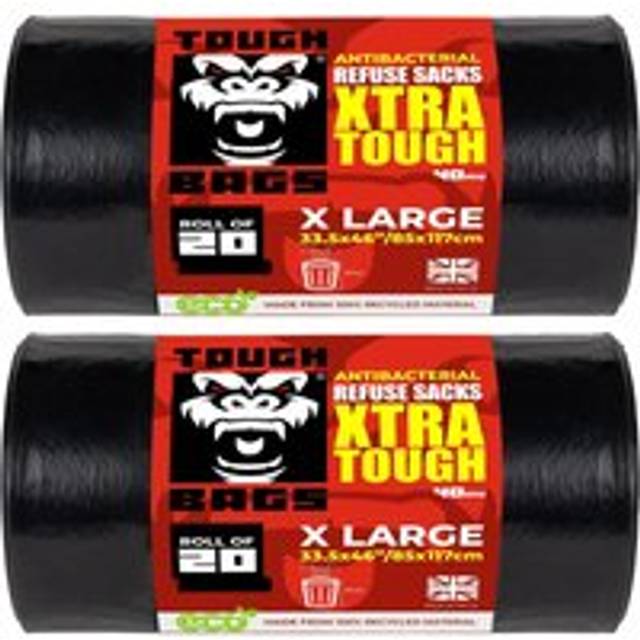 Antibacterial Refuse Bags 85 x 117cm 40μm - 2 x 20 Bag Roll - Black - One Size