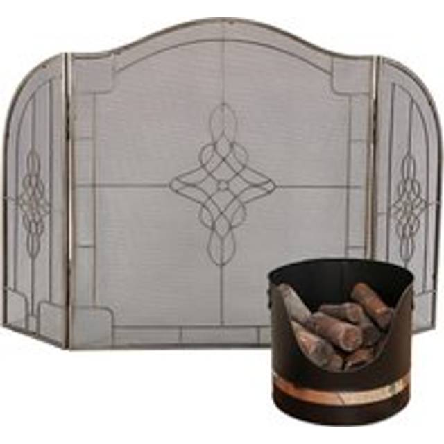 Black and Nickel Coal, Log, Kindling Bucket with Silver Three-Fold Firescreen - One Size
