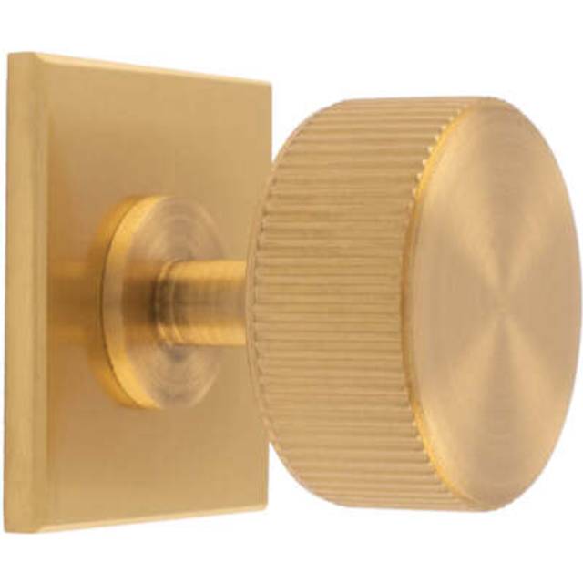 Reeded Radio Cabinet Door Knob & Matching Backplate Lined Satin Brass 40 X 40mm
