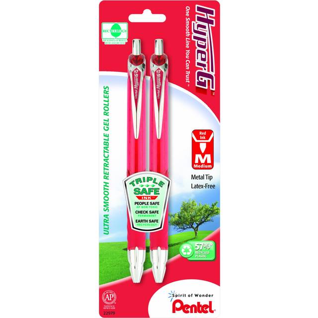 Pentel HyperG Retractable Gel Roller Pen  0.7mm  Permanent Red Ink  2 Pack (KL257BP2B)