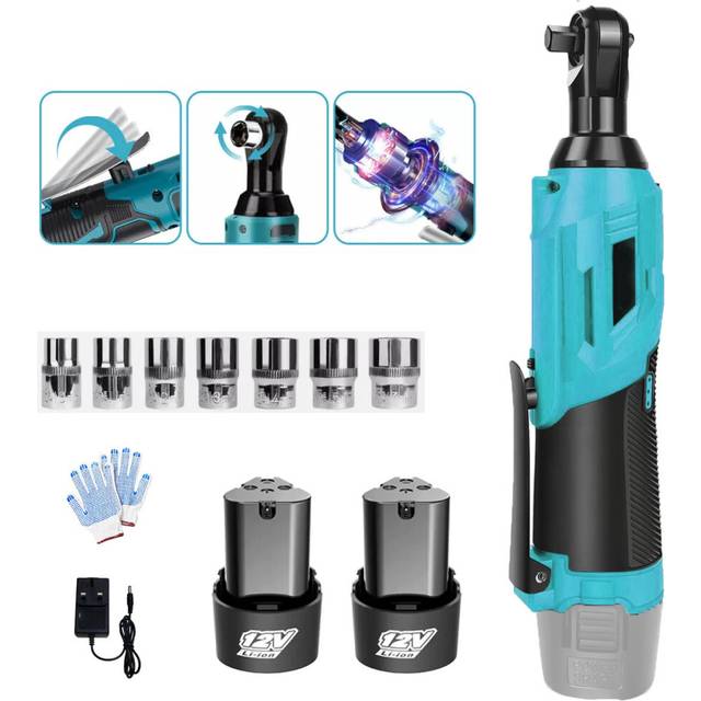 "Cordless Electric Ratchet Wrench Set 3/8"" Ratchet Driver 7 Sockets 2x 3.0A Batteries + Charger"