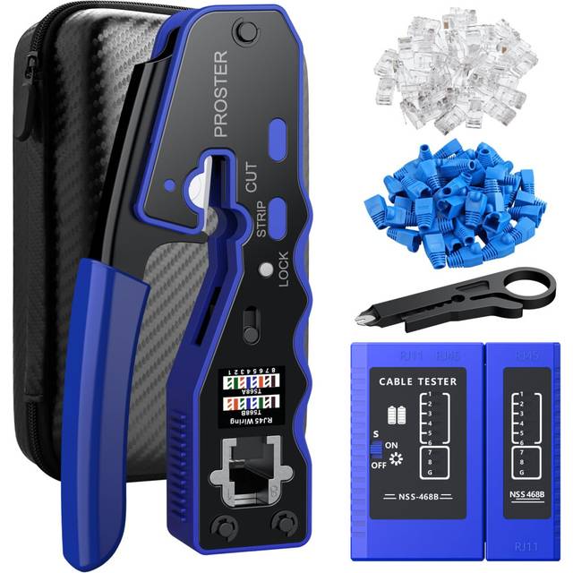Proster RJ45 Crimp Tool Set - 3-in-1 RJ45 Crimping Tool Kit with 50 PCS CAT6 Pass Through Connectors 50 PCS RJ45 Cat6 Protection Covers RJ45 Pass