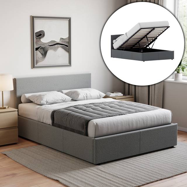 (Double, Light Grey Linen) Veronica Ottoman Bed Frame Bedroom Storage UKFR