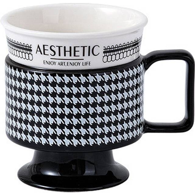 (White) Vintage Houndstooth Porcelain Tea Cups, 10.82 oz Ceramic Cappuccino Mug and Latte Cups