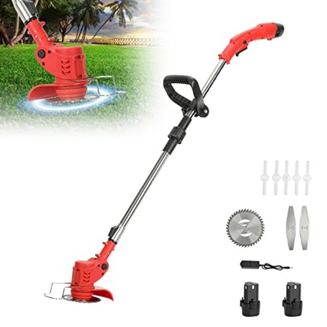 Garden Cordless Strimmer, 450W Electric Grass Trimmer with 2 Batteries, D-Shaped Handle & 2 Wheel, 3 in 1 Brush Cutter Strimmer Cordless Lawn Edger