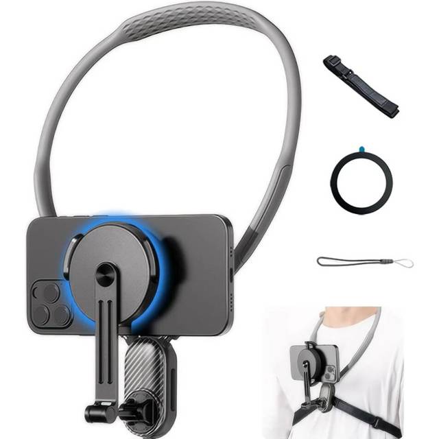 (Grey) Magnetic Neck Mount Silicone Quick Release Holder for Mobile Phones iphone 12 13 14 15 16 Android Sumsung Video recording Stand