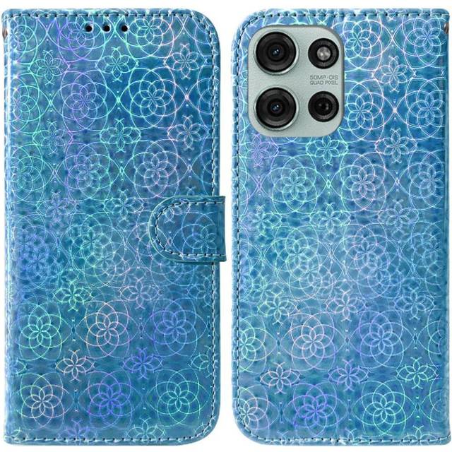 (Blue) Flip Case for Motorola Moto G75 5g Stand Holder Wallet Case Card Slot Premium Pu Leather Glitter Colorful