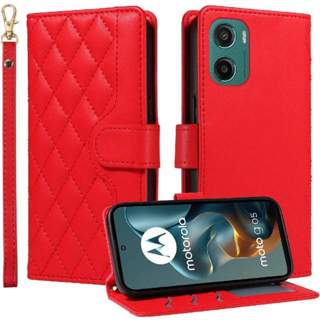 (Red) Flip Case for Motorola Moto G05 Lattice Flip Folio Phone Case with Stand Wallet Card Slots Detachable Wrist Strap and Long Lanyard