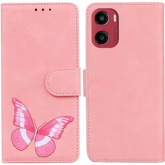(Pink) Flip Case for Motorola Moto G05 Butterfly Wallet Card Slots Flip Folio Cover Color Printed
