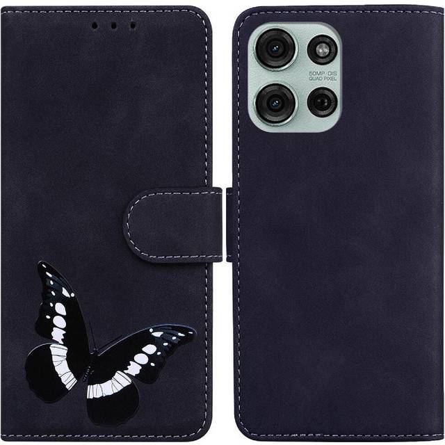 (Black) Flip Case for Motorola Moto G75 Flip Folio Cover Card Slots Color Printed Wallet Butterfly
