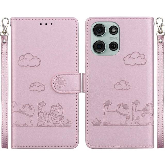(Pink) Case for Motorola Moto G75 Wallet Flip Cover Card Slot Holder Kickstand Cat Rfid