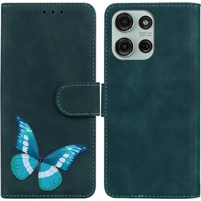 (Green) Flip Case for Motorola Moto G75 Flip Folio Cover Card Slots Color Printed Wallet Butterfly