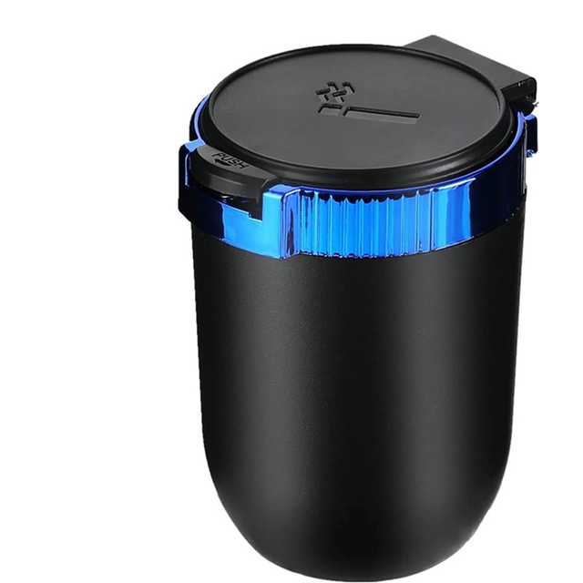 Car Ashtray with Lid Portable Ash Tray Blue Mini Trash Can LED Light Windproof for Outdoor Travel