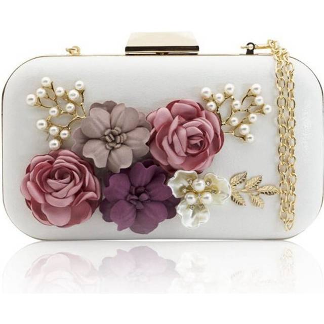 Women Clutches Purses Bags Flower Leather Envelope Pearl Wallet (white)