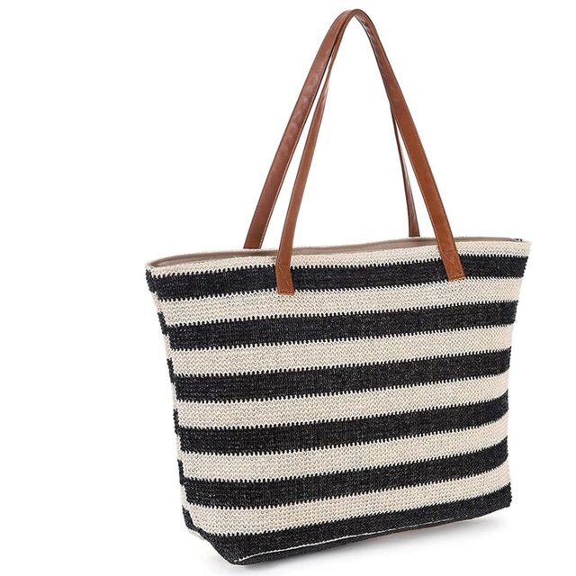 Large Straw Bag Beach Tote Bag Soft Tote Bag with Zipper Beach Handbag with Stripe Woven Shoulder Bag Black