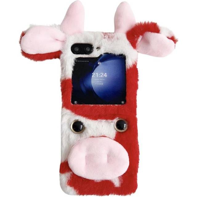 (Red) Case for Samsung Galaxy Z Flip5 5g Lovely Fuzzy Fluffy Cartoon Cow Autumn and Winter Cow Phone Case