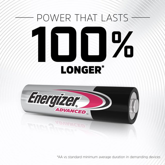 Energizer Advanced AA Batteries, 1.5V Alkaline, 12 Double A Batteries, Power That Lasts 100% Longer, Ideal for High-Drain Devices
