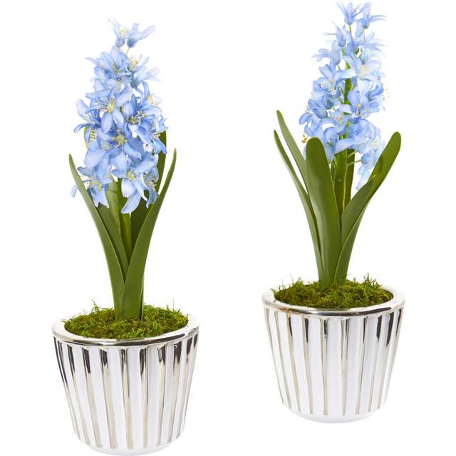 Nearly Natural 13in. Hyacinth Artificial White Vase with Silver Trimming (Set of 2) Silk Arrangements, Blue
