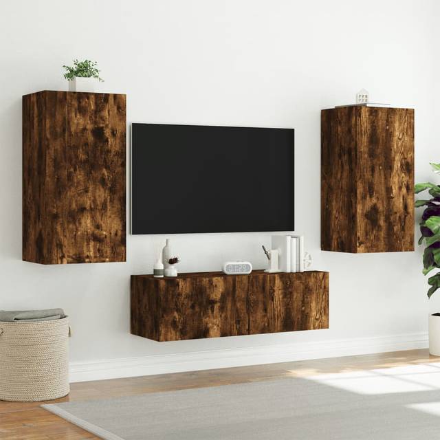 Metro Lane 3 Piece TV Wall Cabinets With LED Lights - Smoked Oak (28&#34;)