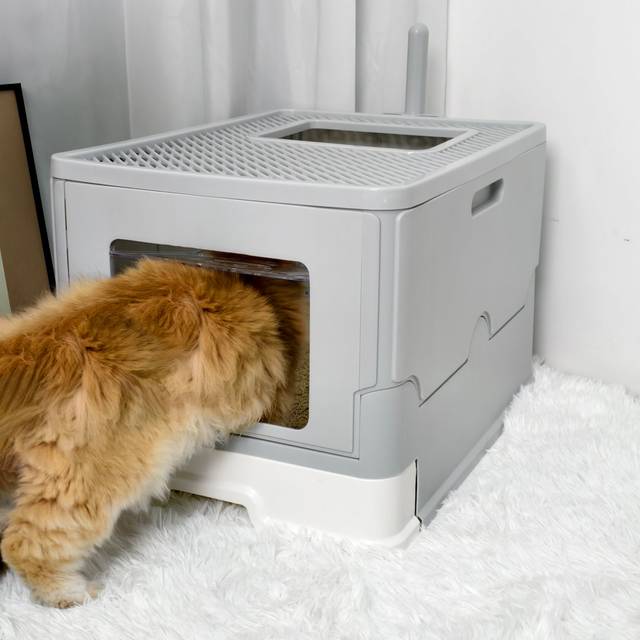Plastic Enclosed Cat Litter Box With Scoop - Grey (36cm H X 40cm W X 54.7cm D)