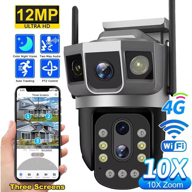 12MP Three Screens 4G/WiFi IP Camera 10x Optical Zoom PTZ Auto Tracking Color Night Vision Wireless Security Protection Monitor WIiFi Camera