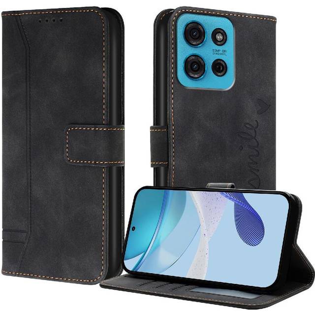 (Black) Phone Case for Motorola Moto G75 Pu Leather Magnetic Closure Card Slots Cover Flip Folio Wallet Hand Strap