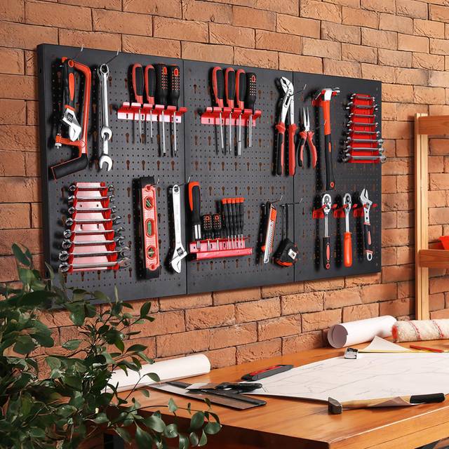 Metal Tool Wall, Three-Part Pegboard Workshop, Expandable Tool Pegboard with 17 Hooks and Brackets - Red+Black (59.5cm H X 118cm W X 2cm D)