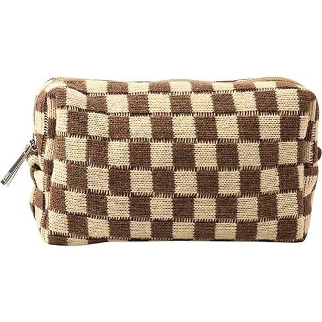 Small Makeup Bag Checkered Cosmetic Bag Portable Travel Cosmetic Organizer Cute Makeup Brushes Storage Bag for Women Girls (Brown)