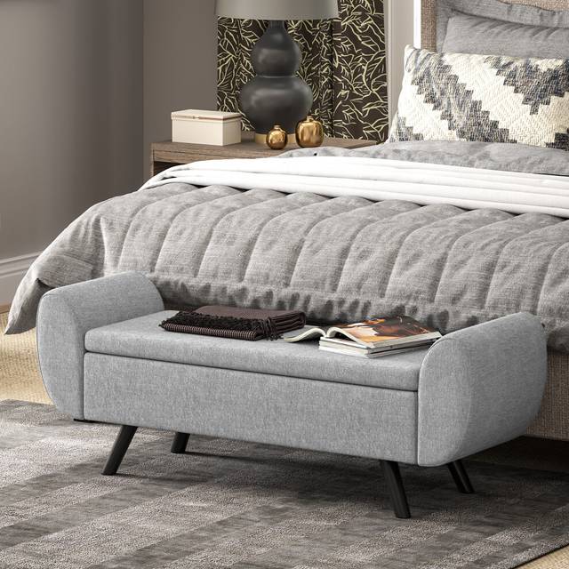 HOMCOM Storage Ottoman with Armrest, Upholstered Linen Storage Bench
