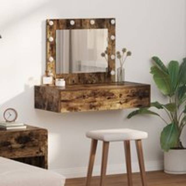 Wall Hanging Dressing Table with LED Lights in Smoked Oak - Brown - One Size