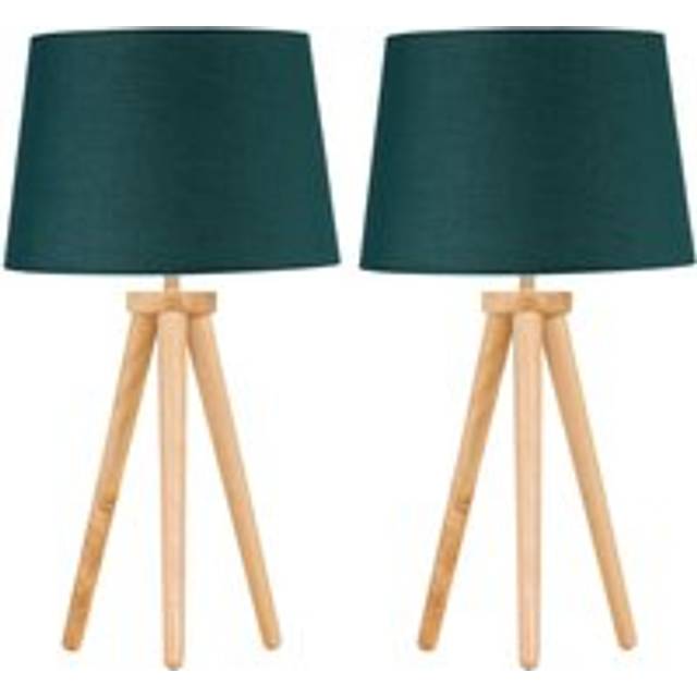 Set of 2 Light Oak Table Lamp or Bedside Lights with Dark Green Shades - Brown - One Size