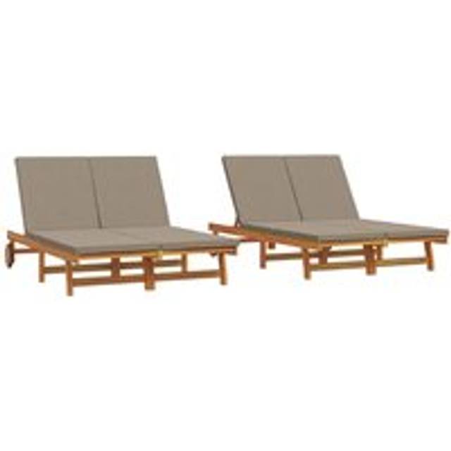 Double Sun Lounger with Wheels and Cushion - Solid Acacia Wood - Multi - One Size
