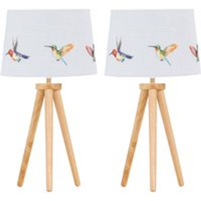 Set of 2 Light Oak Table Lamp or Bedside Lights with Hummingbird Shade