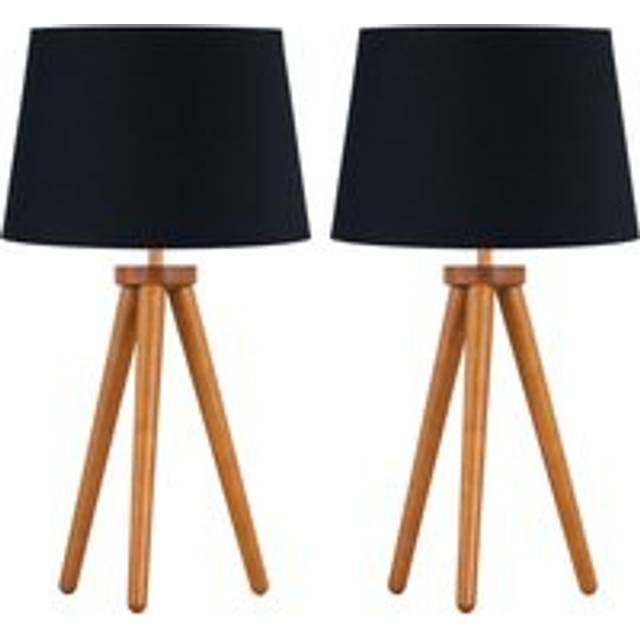 Set of 2 Dark Oak Table Lamp or Bedside Lights with Black Shades - Brown - One Size