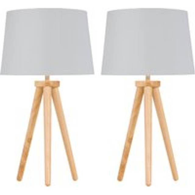 Set of 2 light oak table lamp bedside lights wood tripod white silver shade