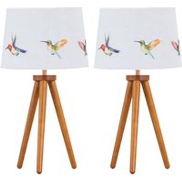 Set of 2 Dark Oak Table Lamp or Bedside Lights with Hummingbird Shades