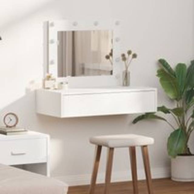 Wall Hanging Dressing Table with LED Lights - White - One Size